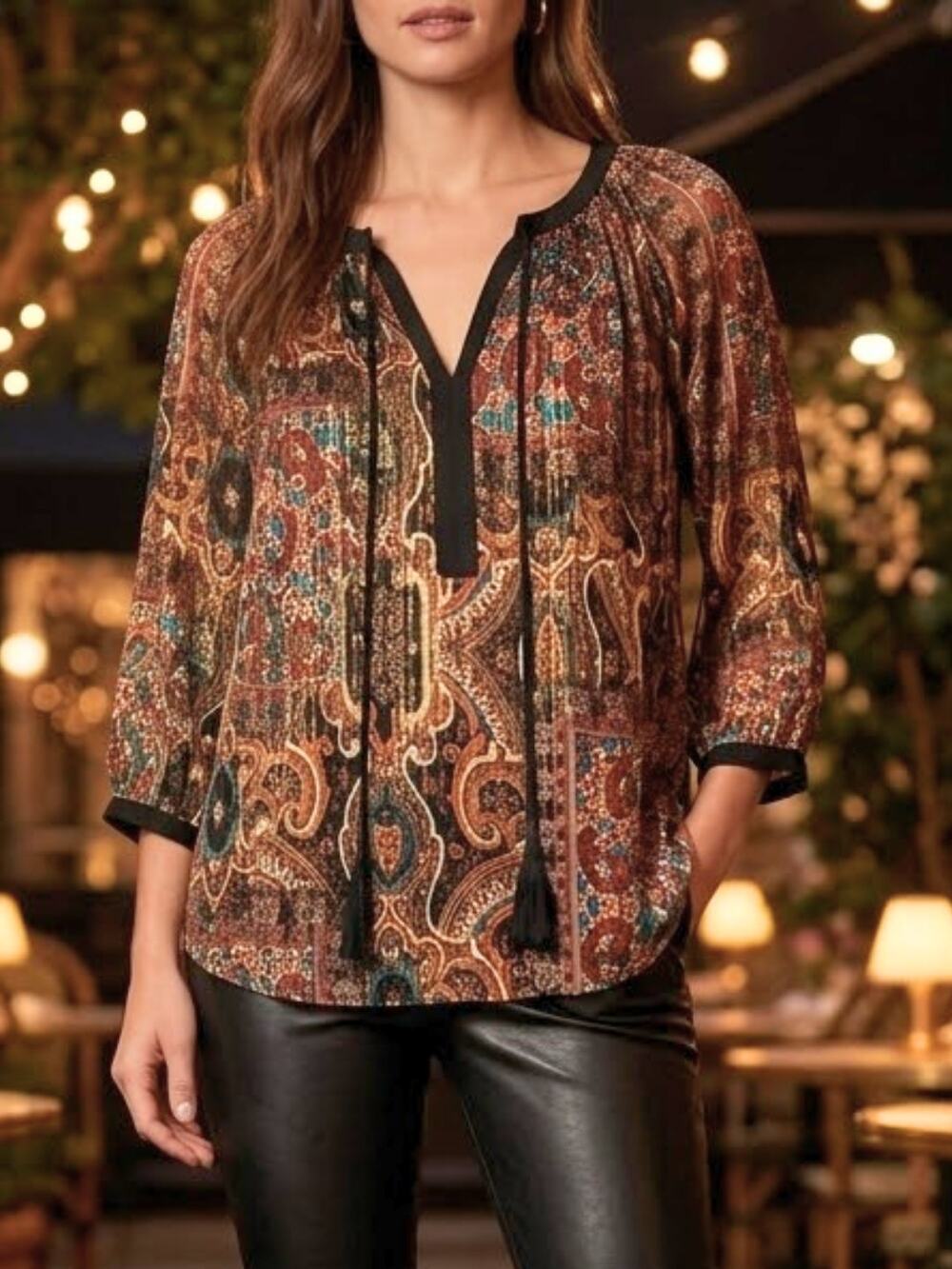 ANTHROPOLOGIE Meadow Rue Marya Paisley Boho Blouse S | Metallic Tassel Top